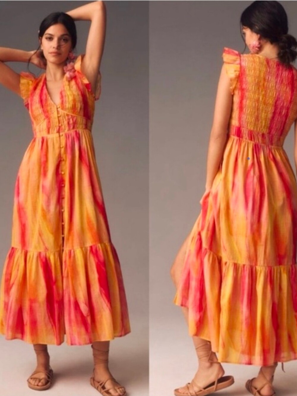 Anthropologie Peregrine Watercolor Tie-Dye Tiered Midi Dress Sz S